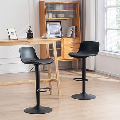 Kidol & Shellder barkrukken set van 2 met rugleuning, zwart, 360 ° draaibare barkrukken, verstelbare barkrukken, hoogte van de bar, met PU beklede zitting