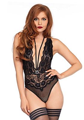 Leg Avenue Floral Lace Deep V Teddy, Medium/Large