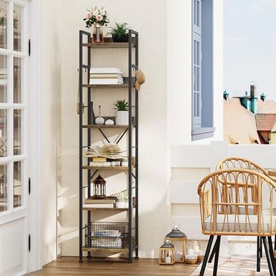 YITAHOME Bibliothèque à 6 Niveaux, étagère à Livres au Sol avec 4 Crochets, étagère en Bois et Cadre en métal, étagère Haute Industrielle, Rangement pour Salon, Bureau à Domicile, Marron Rustique