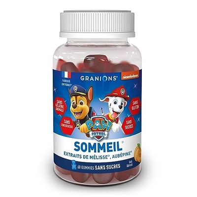GRANIONS Gummies sommeil PAT PATROUILLE | Complement alimentaire | Relaxation, sommeil sain | Extrait de mélisse, aubépine | Goût abricot | Sans gélatine animale, sans sucres | Made in FR | 60 gummies