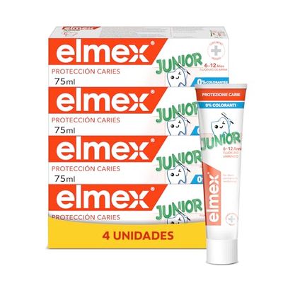 Elmex Junior Protección Caries Pasta de Dientes Infantil, Pack 4 Uds x 75ml, Protege contra la Caries, Dentífrico para Niños 6-12 Años, Contiene Fluoruro de Amina