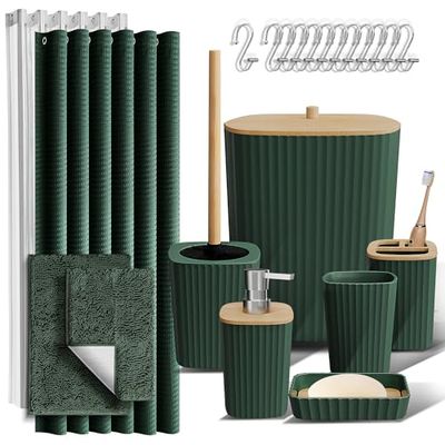 Clara Clark Green Bathroom Set - 22PC Shower Curtain Set with Trash Can, Rugs and Shower Curtain