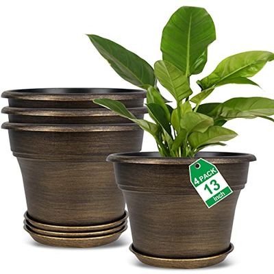Set di 4 vasi per piante, 33 cm, grandi vasi da fiori in plastica per piante da interno con fori di drenaggio e vassoi, set di contenitori decorativi in resina con sottovaso, per casa, giardino,