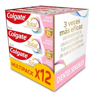 Colgate Total Prevención Activa + Dientes Sensibles Pasta de dientes Pack 12 x 75ml | Combate la causa principal* de los problemas bucodentales más comunes | 24h de Protección antibacteriana²