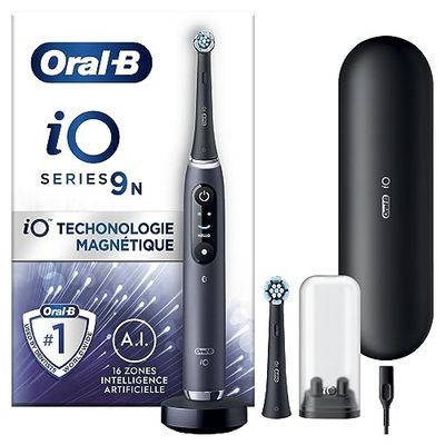 Oral-B iO 9 Brosse A Dents Electrique Noire Pour Adultes, 7 Modes De Brossage Avec Blancheur, Soin Des Gencives, 16 Zones De Nettoyage, 2 Brossettes De Rechange Oral B, Chargeur, Etui De Voyage