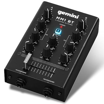 Gemini Sound MM1BT Bluetooth Audio profesional de 2 canales Entrada de micrófono Dual de 2 canales Estéreo de 2 bandas Rotary COMPACT DJ Mezclador de podcast con crossfader