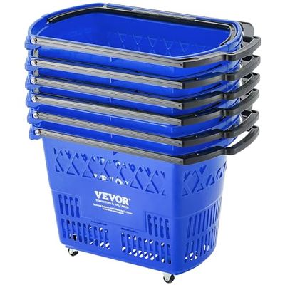 VEVOR 6PCS, 39L Shopping Carts with Handles, Plastic Rolling Basket Set with Wheels, Large Portable Basket for Supermarkets, Retail Stores, Grocery Shopping, Blue