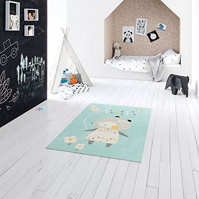 Tapis Enfant Ourson, Tapis rectangulaire à Poils Courts, idéal pour la Chambre d'enfant - Salle de Jeu, Facile d'entretien - résistant aux tâches, Polypropylène, 120x150 cm, Bleu - Multicolore