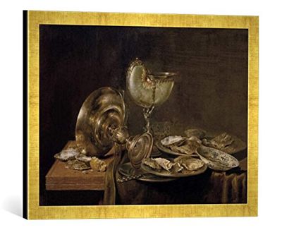 Ingelijst beeld van Willem Claesz. Heda "Stilleven met Nautiluspokal", kunstdruk in hoogwaardige handgemaakte fotolijst, 60x40 cm, Gold raya