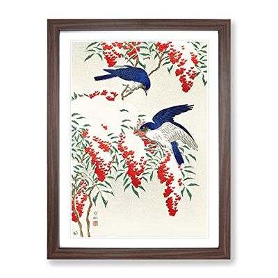 Birds On A Nandina Bush By Ohara Koson Asian Japanese Framed Wall Art Print, Ready to Hang Picture for Living Room Bedroom Home Office Décor, Walnut A2 (64 x 46 cm)