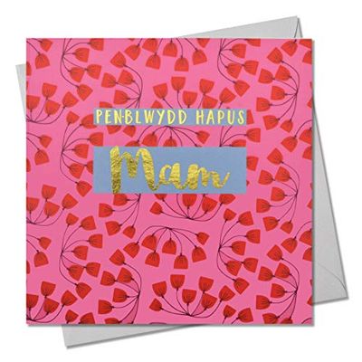 Claire Giles Greeting Cards, Welsh Happy Birthday Mum Card, Penblwydd Hapus Mam, Text Foiled in Shiny Gold