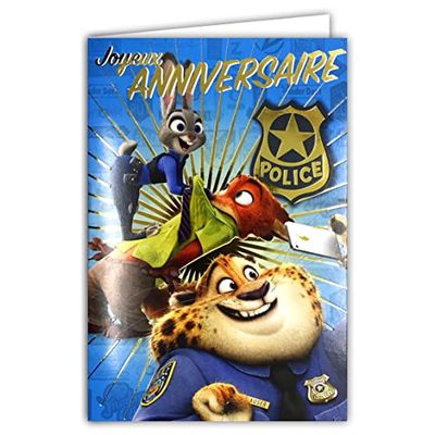 Disney Zootropolis Zootopie kaart Happy Birthday politie goud glanzend blauwe envelop konijn Lieutenant Judy Hopps vos Nick Wild Cheetah Officier Benjamin Clawhauser jongens kinderen 170071
