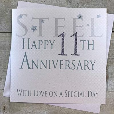 WHITE COTTON CARDS Biglietto Realizzato a Mano con Scritta in Lingua Inglese Steel Happy 11th Anniversary with Love On A Special Day, AW11, Acciaio, Bianco, 16 x 16 m