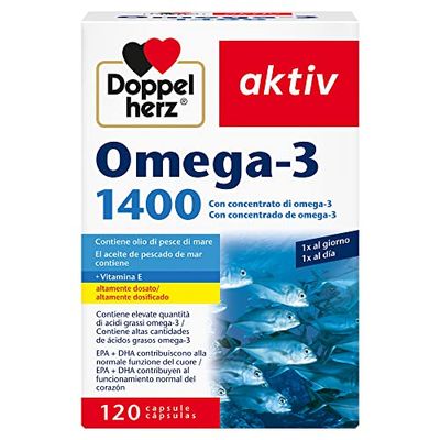 Doppelherz aktiv Omega-3 1400 - Integratore Alimentare con Concentrato di Omega-3 (DHA e EPA) e Vitamina E - Altamente Dosato - Senza Glutine e Lattosio - 120 Capsule