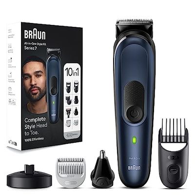 Braun REGOLABARBA STYLING KIT, Tagliacapelli Uomo, Rasoio Elettrico Barba e Capelli, 10-in-1 per Barba, Capelli, Corpo, Naso e Orecchie, 100 Minuti Di Utilizzo Senza Fili, MGK7421