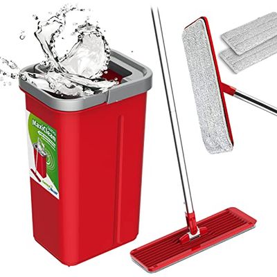 Green Blue Mop piatto Maxi Clean GB870 con secchi o e Strizzatore 2 in 1 da 5,7 l sistema di pulizia a 360° testa rotante (Set mocio piatto e secchio + 2 panni di ricambio)