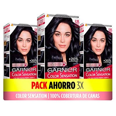 Garnier färgsensation 3-pack: levande och hållbar färg, full täckning av grått hår, enkel applicering med skål och pensel, mjukt och silkeslent hår, 2,10 blåsvart