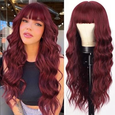 AISI QUEENS Long Wig with Bangs Wine Red Wavy Wigs for Women Synthetic Heat Resistant Fibre Burgundy Wigs for Girls Daily Party Use