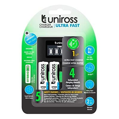Uniross Ultra Fast Caricabatterie Rapido per Batterie Ricaricabili AA / HR6 - AAA / HR03 Alimentato da Cavo USB con 4 Batterie AA 2700 Series - Confezione da 1 Caricabatterie e 4 Batterie AA