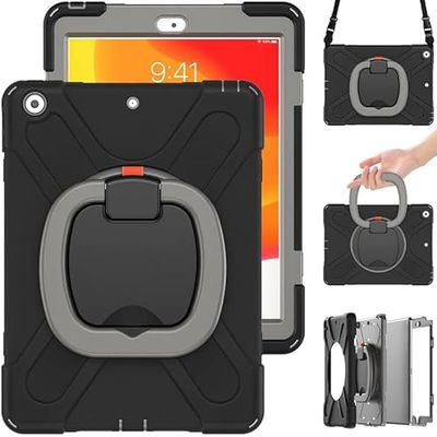 Commute Case för Samsung Tab S7Plus/S8Plus 12.4 T970/T975/X800/X806, tungt stabilt stötsäkert barnfodral med skärmskydd 3-i-1 stötsäker stötfångare med 360° ringhållare (svart + grå)