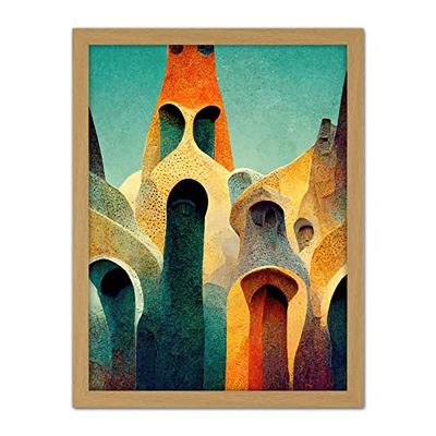 Doppelganger33 LTD Colourful Modern Painting Gaudi Style Architecture Sagrada Familia Artwork Framed Wall Art Print 18X24 Inch