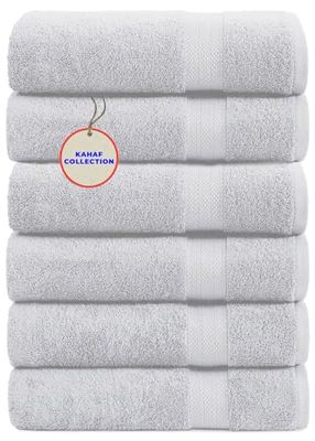 KAHAF COLLECTION Lot de 6 Serviettes de Bain 100% Coton, à séchage Rapide, très absorbantes, Douces au Toucher, légères pour Salle de Sport, Spa, Salle de Bain, Douche, Piscine, 61 x 122 cm, Blanc