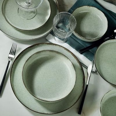 Elegant 18-delige dinerset, 100% porselein, groen, inclusief serviesborden (27 cm), dinerborden (20 cm), dessertborden (19 cm), vaatwasser- en magnetronbestendig