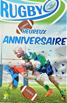 Wenskaart voor verjaardag, blauw, glanzend, ovaal, rugby heren, Champion Mêlée palen Stade Terrain Zuidween, gemaakt in Frankrijk