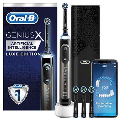 Oral-B Genius X Luxe Edition Brosse à dents électrique avec intelligence artificielle Gris anthracite 3 têtes de brosse à dents Sensi Ultrathin Capteur de pression gingivale Étui de voyage USB 2
