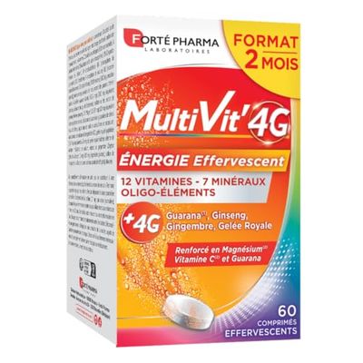 Forté Pharma - Multivit' 4G Energie Effervescent | Complément Alimentaire Forme et Tonus, Fatigue - Vitamine C, Vitamine D, Ginseng, Gelée royale, Magnésium, Zinc, Minéraux | 60 comprimés = 2 mois
