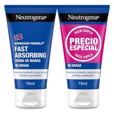Neutrogena Fórmula Noruega Fast Absorbing (embalagem de 2 x 75 ml) creme de mãos reparador não gordura com glicerina e vitamina E, creme para mãos rachadas e secas de rápida absorção