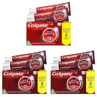 Colgate Max White One Pasta de Dientes Blanqueadora, Pack 2 Uds x 75ml, Dentrifíco Blanqueador, Dientes 1 Tono Más Blancos en 1 Semana, Elimina Manchas Superficiales (Paquete de 3)