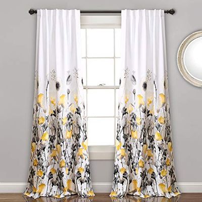 Lush Decor, Cortinas Zuri Flora Amarillas y Grises para oscurecer la habitación, Juego de Paneles de Ventana para Sala, Comedor, Dormitorio (par), 84 x 52, 84 x 52 Pulgadas