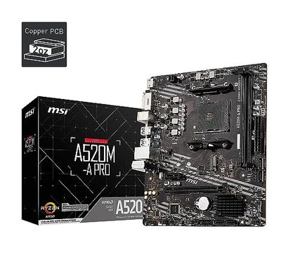 MSI A520M-A PRO Gaming Motherboard (AMD Ryzen 5000, AM4, DDR4, PCIe 3.0, SATA 6Gb/s, M.2, USB 3.2 Gen 1, DVI/HDMI, Micro-ATX)