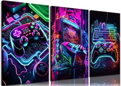 BGFCE 3 st spelrumsdekor neon spel väggkonst affischer speltillbehör tema canvas tryck spelkonsol målning bild för barn ungdomar spel pojkar sovrum tonåring väggdekor inramad 30 cm x 40 cm x 3 cm