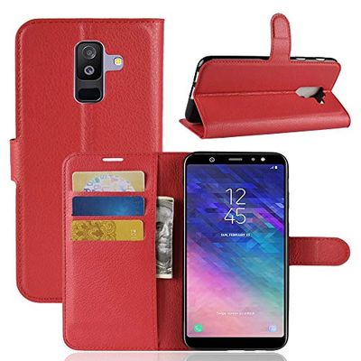 Carcasa de telefono for Galaxy A6 + 2018 Litchi Texture Horizontal Flip Funda de Cuero con Soporte y Ranuras for Tarjetas y Billetera (Negro) (Color : Rojo)