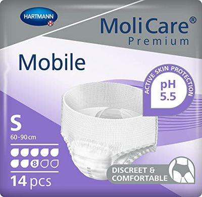 MoliCare Premium Mobile Disposable Underpants: Discreet Usage for Woman and Men with Incontinence; 8 Drops, Size S, Pack of 14, White