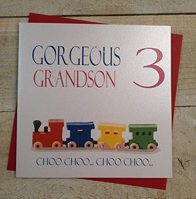 white cotton cards Prachtige kleinzoon 3 Choo.Choo.Choo.Choo, handgemaakte 1e verjaardagskaart (Code N215-GS3, trein Set)