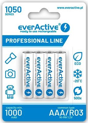 everActive Batteria AAA 1050 mAh, 4 pezzi, NI-MH, Micro R03, ricaricabile, precaricata, massima potenza, Professional Line 1,2 V, 1 blister, bianco, EVHRL03-1050