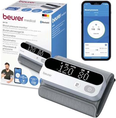 Beurer BM 59 bloeddrukmeter voor de bovenarm, manchet zonder slangen en kabels, led-risico-indicator, hartritmestoornis-herkenning, bovenarmomtrekken van 22-42 cm, met app-verbinding