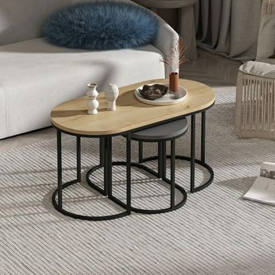 Hanah Home Stylowy zestaw do zagnieżdżania (3 sztuki), dąb i antracyt, 90 x 45 x 45 cm i 35 x 40 x 30 cm | 100% powlekany melaminą, grubość 18 mm, metalowa rama, idealna do nowoczesnych przestrzeni