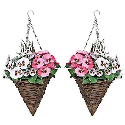 2 x kunstbloempotten met roze en witte bloemen en decoratieve grassen (set van 2)