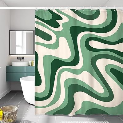 LIGHTINHOME Retro Fun 70s Shower Curtain 60Wx72H Inches Y2K Aesthetic Abstract Waves Swirl Cute Boho Groovy Green Bathroom Decor Shower Accessories Fabric Waterproof Polyester Set with Hooks