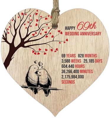69th Wedding Anniversary Wooden Heart Plaque, Light Wood Sign Keepsake, Celebrate Anniversary Wife Husband Boyfriend Girlfriend, Plaque with Quotes Gifts from the Kids