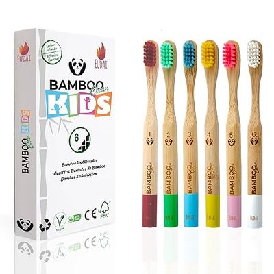 Bamboo Clean Kids Bamboe tandenborstels voor kinderen, zachte borstelborstels, BPA-vrij, natuurlijke en milieuvriendelijke bamboe tandenborstelset, biologisch afbreekbaar en composteerbaar (Reg 6)