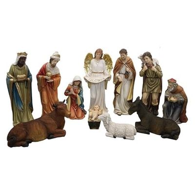 DRW Misterio Nacimiento de 11 Piezas Clasico con Reyes, Angel, Pastor y Animales de Resina Pintado a Mano 65 cm Alto