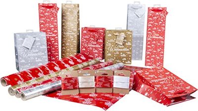 Coffret cadeau 16 pièces Merry X-Mas, composé de 4 rouleaux de papier cadeau, 4 poches à bouteilles, 4 sacs cadeaux et 4 rubans cadeaux