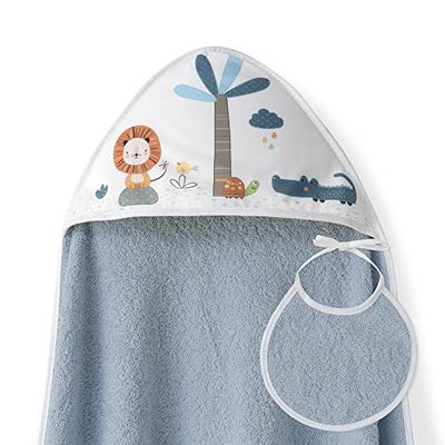 Ensemble Interbaby: Cape de bain Bébé a capuche avec bavoir - Lion Palmier - pétrole