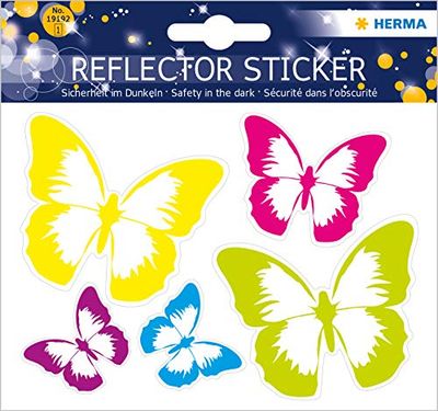HERMA 19192 Reflectorstickers vlinders, 5 stuks, zelfklevende kinderreflectorstickers voor fiets, helm, schooltas, rollator, auto, koffer, kinderkamer, motief, lichtstickers, set