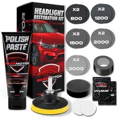 BassMotor Kit Pulir Faros Desgastados Para Restauración Faros Coche Lijar Limpiador Faros Opacos Pulimento ITV Amarillos Degradación Mejor Visibilidad y Seguridad Kit Competo Uso Fácil en Casa